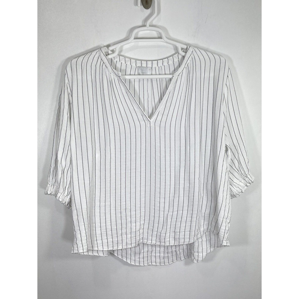Heroes Dreamers Linen Striped Tunic Shirt Top LARGE Blue White Tie Sides